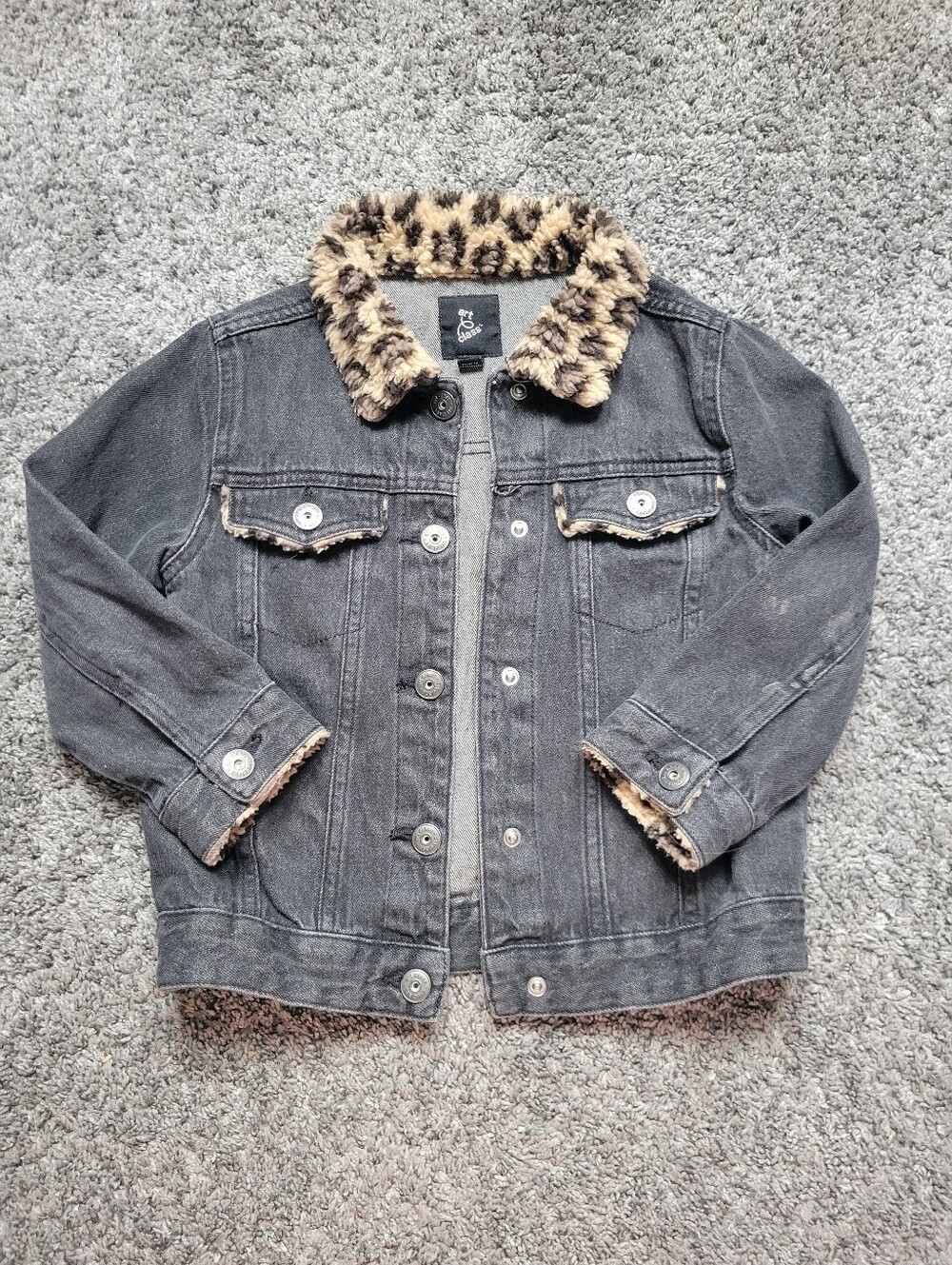 Art Class Black Denim Jacket W/ Leopard Faux-Fur Collar, Pocket & Wrist Size 4T